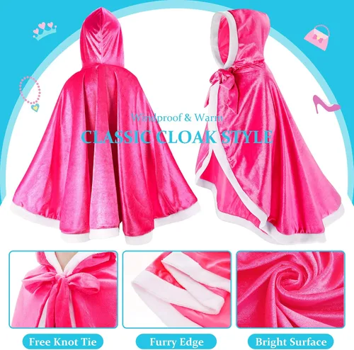 Vista 3 de Skylety Juego de 7 piezas de disfraz de princesa con capucha para niñas pequeñas, cosplay, fiesta, cumpleaños