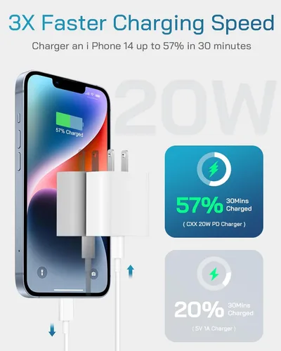 Vista 2 de CXX Cargador rápido para iPhone [3 unidades, certificado MFi], bloque PD USB-C de 20 W con cable de carga de 6 pies compatible con iPhone Blanco