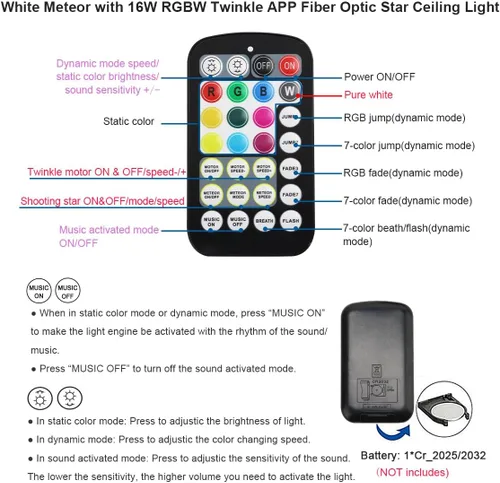 Vista 4 de AKEPO Kit de Luces de Fibra Óptica Twinkle Meteor APP de Tamaño Pequeño 16W, Estrella Fugaz+RGBW Activado por Música 550pcs 0.03in/0.75mm 9.8ft/3m