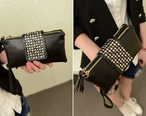 Vista 7 de Goodbag Boutique Fashion - Bolso de mano para mujer, estilo casual, piel sintética, remache de noche, cierre de cremallera, para mujer