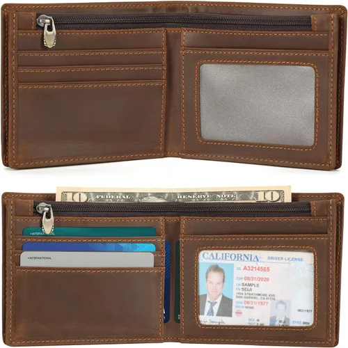 Vista 15 de Polare - Cartera plegable de piel de caballo loco natural para hombre, con bloqueo RFID