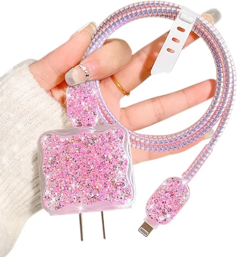 Vista 9 de CameCosy Protector de cable de lujo compatible con cargador de iPhone, diseño de borde ondulado con purpurina, funda USB de línea de datos, Azul