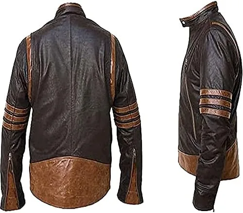Vista 2 de X Wolverine - Chaqueta de cuero a rayas marrón para los fanáticos de Wolverine Logan (M), Marrón