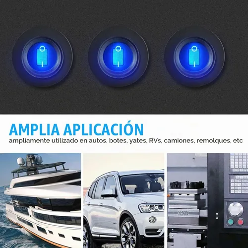 Vista 8 de Interruptor de palanca de 12 voltios, impermeable, 2 unidades, panel de interruptor basculante redondo con luz LED azul con 6 terminales de fusión