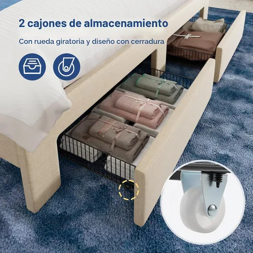 Vista 6 de Allewie - Marco de cama vertical tapizado con plataforma de tamaño matrimonial, con cabecera con almacenamiento de 2 niveles y luces LED, 2 cajones