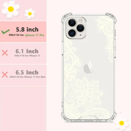 Vista 2 de Funda de cristal para iPhone 11 Pro (2019) de 5.8 pulgadas, bonita funda protectora transparente, diseño floral de encaje blanco [no amarillento]