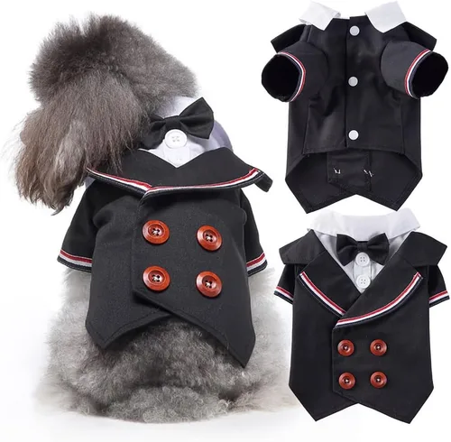 Vista 11 de DENTRUN - Traje de esmoquin para perro con corbatín - Camisa formal de disfraz para mascotas a rayas en negro y blanco, elegante atuendo de boda