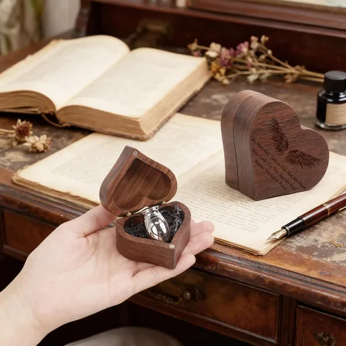 Vista 4 de Urnas pequeñas para cenizas, caja de recuerdo de madera en forma de corazón con ala de ángel, mini urnas de recuerdo de cremación, urna