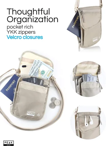 Vista 4 de Peak Gear Bolsa de viaje RFID con protección contra robos y servicio perdido y encontrado Beige (cartera de cuello)