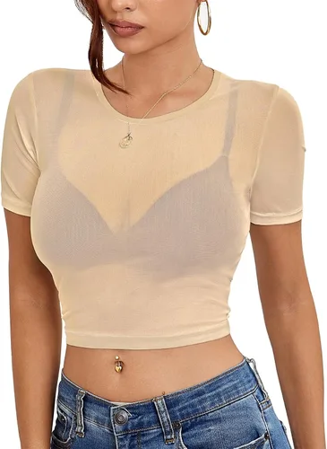 Vista 5 de Camiseta corta de malla para mujer, sexy, transparente, para mujer Negro