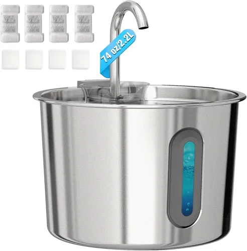 Vista 9 de Fuente de agua para gatos, fuente para gatos de 74 onzas / 2.2 L para beber, fuente de agua para mascotas, acero inoxidable para gatos