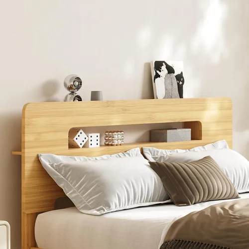 Vista 4 de Base de cama de tamaño matrimonial de 14 pulgadas de bambú con cabecera de almacenamiento, marcos de cama sólidos, soporte de listones de metal