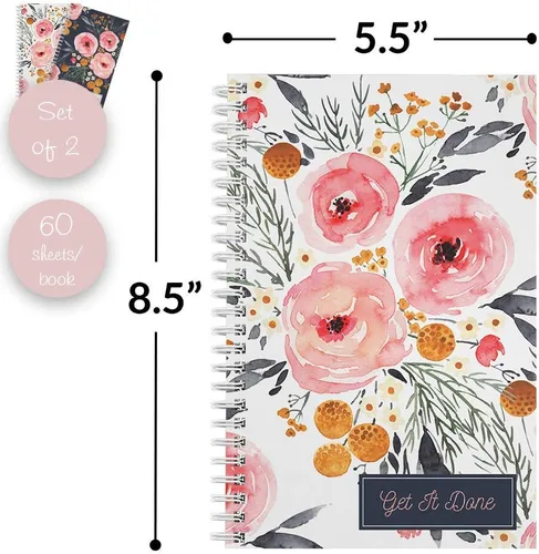 Vista 5 de Gotcha Covered Notebooks Mountain Floral: Juego de 2 cuadernos de espiral encuadernados con alambre. Dos diseños elegantes con 120 papeles con rayas