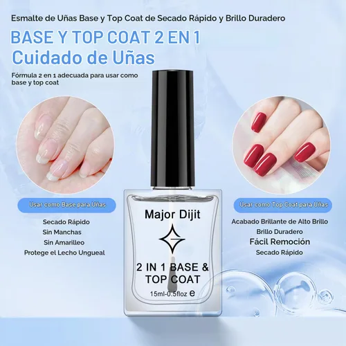 Vista 2 de Major Dijit Esmalte de uñas transparente 2 en 1 base y capa superior – Secado rápido, larga duración, fórmula protectora de alto brillo – 0.5 onzas