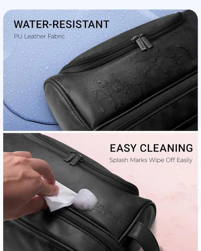 Vista 5 de Elviros - Neceser de aseo personal para hombre, organizador de viaje de cuero PU, con gancho para colgar, bolsas de afeitado para el baño de gran