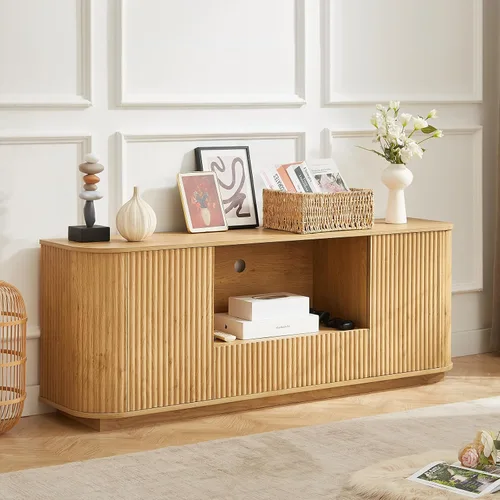 Vista 9 de Aparador de buffet de 64 pulgadas con almacenamiento, moderna credenza acanalada con estantes ajustables, mesa consola de barra de café de madera