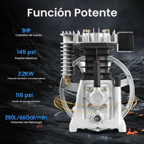 Vista 2 de Cabezal de bomba de compresor de aire, 3HP 66Gal/min 145PSI de una sola etapa de doble cilindro herramienta de aire universal compresor de aire