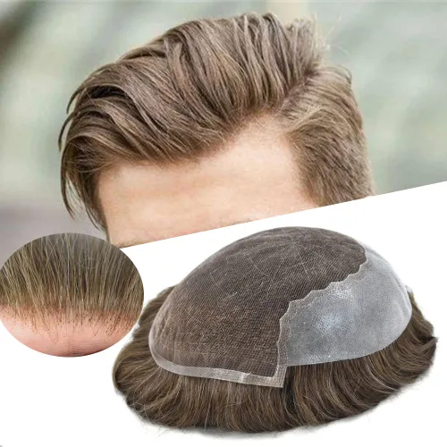 Vista 112 de Toupee para hombres pieza de pelo suave suizo encaje real sistema de cabello humano reemplazo blanqueado nudo mens tupé sistema de pelo para hombres