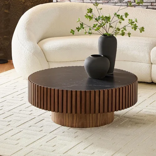 Vista 7 de WILLIAMSPACE Mesa de Café Redonda de 35.43" con Tablero de Piedra Sintética, Mesa Central Circular de Madera Moderna de Estilo Granja para la Sala