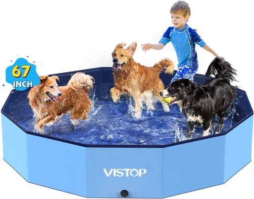 Vista 19 de VISTOP Piscina plegable para perros de 97 pulgadas con rociador, piscina grande de carcasa dura para mascotas, piscina plegable antideslizante