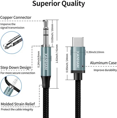 Vista 4 de Cable adaptador USB tipo C a conector auxiliar de 0.138 in, USB C a 0.138 in para auriculares estéreo macho a macho, compatible con iPhone 15