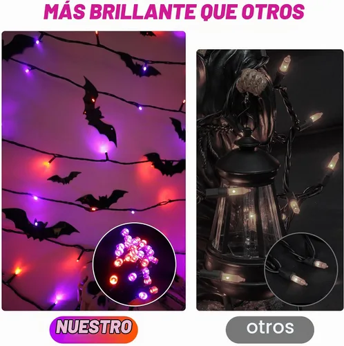 Vista 6 de Luces de cuerda de Halloween de 100 LED, 33 pies, luces titilantes naranjas y moradas con 8 modos, impermeables para decoración de fiesta