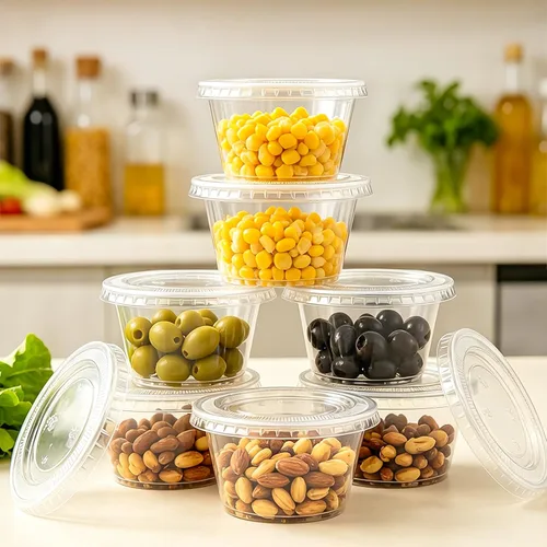 Vista 4 de Szsrcywd 100 juegos de vasos de gelatina de 4 onzas con tapas, recipientes desechables de plástico transparente para condimentos para souffle