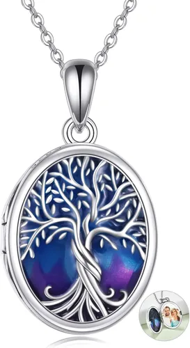 Vista 7 de ONEFINITY Collar con medallón de árbol de la vida, collar de plata de ley que sostiene fotos, colgante de medallón del árbol de la vida
