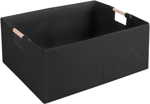 Vista 9 de Caja de Almacenamiento de Tela Plegable Cesta de Algodón y Lino con Asas de Madera, Cubo Rectangular Decorativo, Organizador de Lavandería