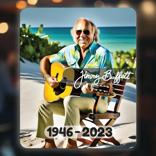Vista 2 de RIP Jimmy Buffett - Adhesivo adhesivo para automóviles, camiones, ventanas, parachoques, portátiles, tazas, paredes, 5.5 x 4.5 pulgadas