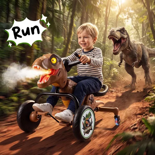 Vista 2 de Costzon Dinosaur Kids Pedal Car Go Kart con luces, rocío de niebla Marrón