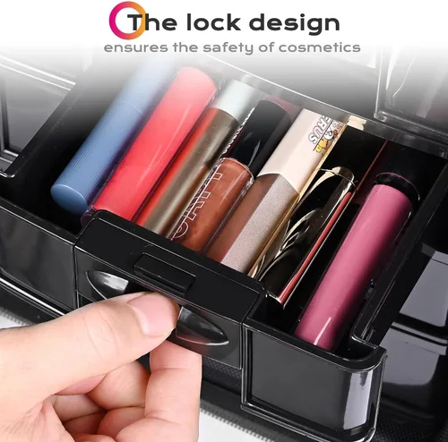 Vista 6 de Estuche con rueditas AW 2 en 1 para maquillaje, ligero, color negro, de tela oxford, 15x11x25 pulgadas, bolsa para cosméticos con cajones