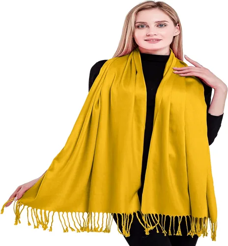 Vista 5 de CJ Apparel Solid Color Tassels Design Nepalese Shawl Seconds Scarf Wrap Stole Throw Head Wrap Pashmina Hand Made in Nepal Amarillo ámbar