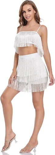 Vista 3 de Fenyong Conjunto de 2 piezas para mujer, sexy, con borlas, entallado, parte superior corta, minivestido