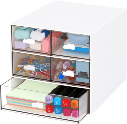Vista 9 de Organizador de escritorio con 5 cajones, suministros de papelería de oficina rectangulares, cajones de escritorio, almacenamiento de maquillaje