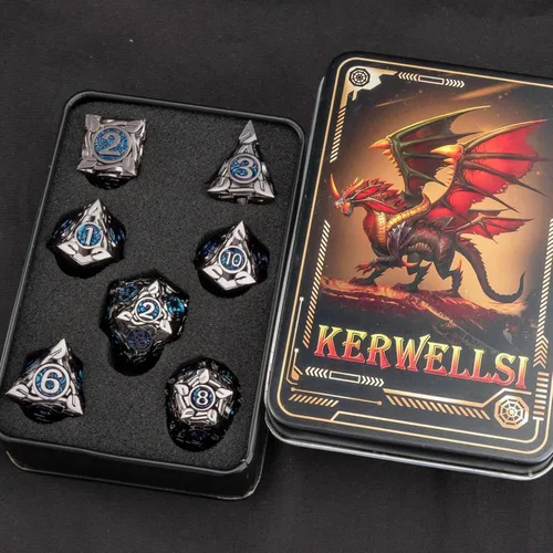 Vista 6 de KERWELLSI - Juego de dados metálicos DND D&D, 7 piezas con diseño de enredaderas naturales, dados de juego de rol con caja de regalo, dados negros
