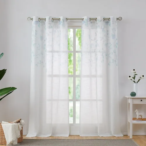 Vista 12 de Central Park Panel de Cortina de Ventana de Lino Transparente Metálico con Estampado Floral de Hojas para Sala de Estar Rústica/Dormitorio Paneles