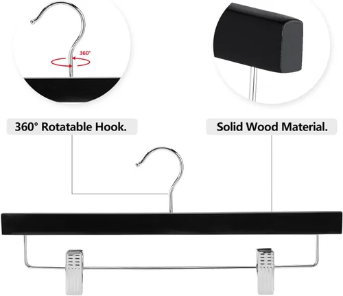 Vista 7 de AMKUFO 20 piezas de perchas de madera para pantalones, perchas sólidas para pantalones con clips ajustables de 14 pulgadas, perchas de madera negra
