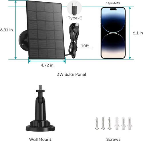 Vista 8 de ZUMIMALL Panel solar de 3 W para cámara de exterior inalámbrica, X2/X1/F5, panel solar impermeable IP66 con cable de carga tipo C de 10 pies, fuente