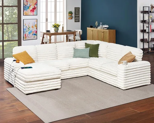Vista 12 de PaPaJet Sofá en forma de U, sofá de gran tamaño de 112 pulgadas con diván de almacenamiento, sofá modular con portavasos y 2 puertos USB, sofá beige