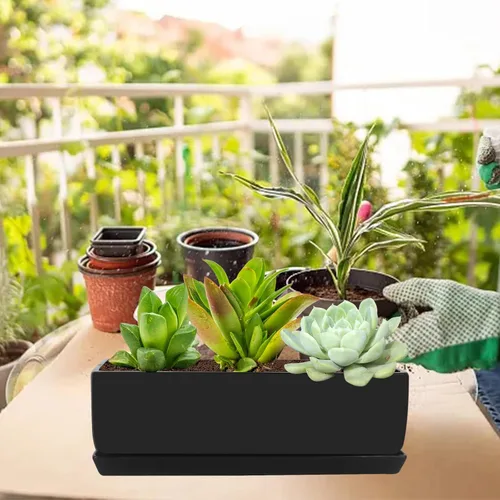 Vista 7 de Vencer Maceta rectangular moderna minimalista de cerámica para suculentas de 14 pulgadas, caja con ventana con platillo, soporte de escritorio