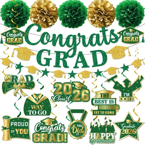 Vista 9 de Decoraciones de graduación 2026, pancarta de felicitaciones con purpurina, espirales colgantes y pompones de tela, decoraciones de graduación negras
