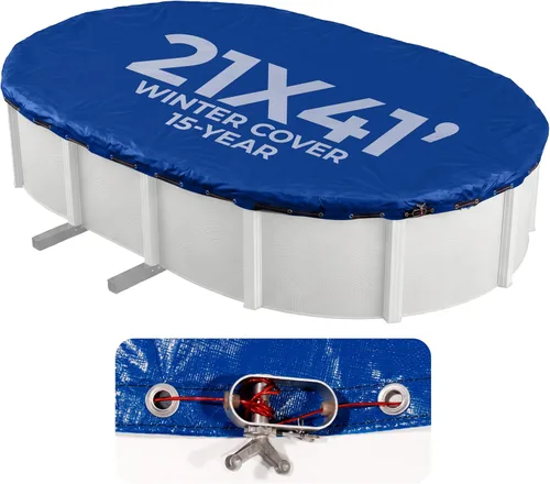 Vista 15 de Cubierta oval de invierno para piscina sobre suelo, Azul Royal Polietileno laminado de 14 x 14, ojales de metal cada 2 pies, parte inferior negra