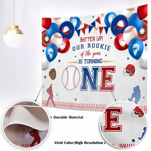 Vista 2 de Mocsicka Telón de fondo de béisbol para el primer cumpleaños para niño con texto en inglés "My Rookie Year", decoración de fiesta de béisbol novato