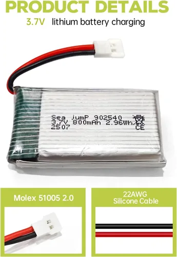 Vista 7 de sea jump Batería Lipo de 3.7 V 800 mAh 25C con enchufe Molex y cable de carga USB compatible con WLtoys SYMA la mayoría de drones, cuadricópteros