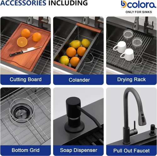Vista 6 de Dcolora - Fregadero de cocina negro de 30 pulgadas, de montaje superior, con grifo, estación de trabajo de acero inoxidable, cuenco individual