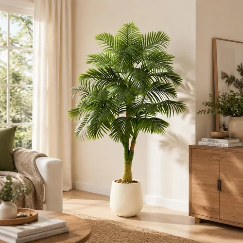 Vista 8 de Palmera artificial de caña dorada de 6 pies, plantas artificiales Planta de palma de seda sintética en maceta blanca, árboles artificiales altos