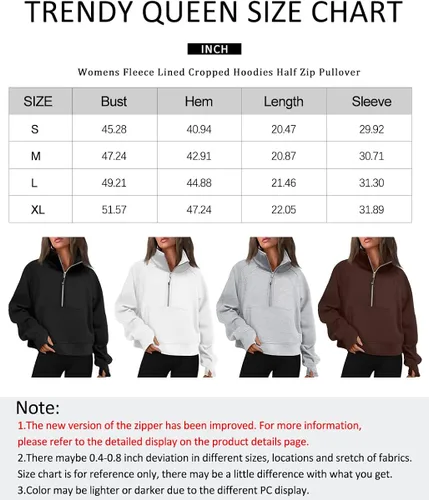 Vista 6 de Trendy Queen Sudadera corta con cremallera media para mujer, sudadera con capucha de forro polar con cremallera de un cuarto, suéter de invierno