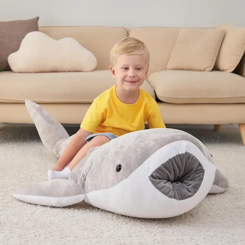 Vista 2 de Animal de Peluche Gigante de Tiburón Ballena Gris de 48 Pulgadas Tiburón Ballena Abrazable Peluche Almohada de Tiburón para Niños y Adultos, Regalo