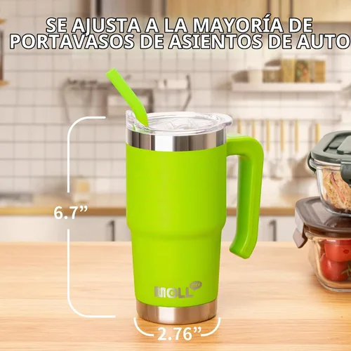 Vista 2 de Vaso de 16 onzas con asa, reutilizable, de acero inoxidable, aislado al vacío, con tapa y pajilla, para mujeres y niñas (verde manzana)